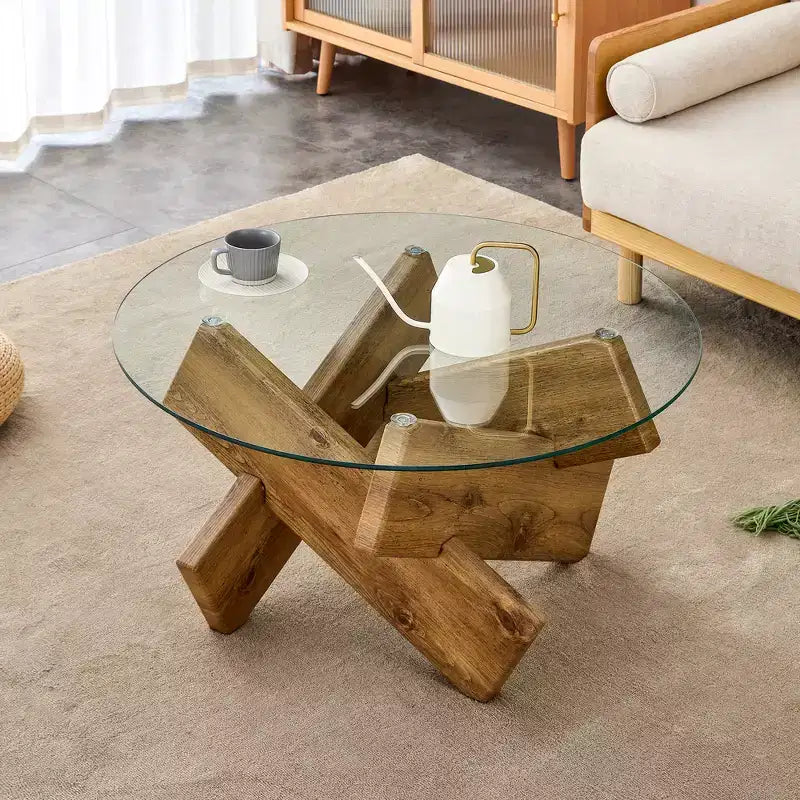 Modern Glass Coffee Table with Tempered Glass Top for Living Room, Wood