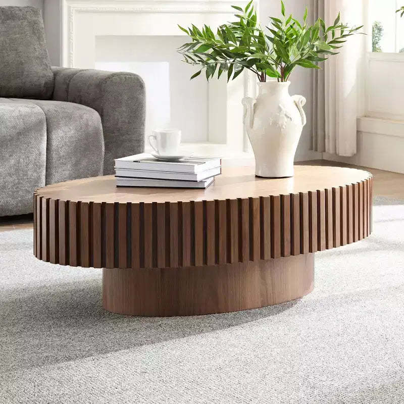 Oval Drum Coffee Table, Modern Pedestal Center Table for Living Room, Walnut