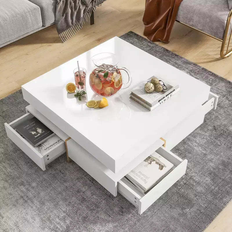 High Gloss Coffee Table with 4 Drawers, Square Storage Center Table for Living Room, White