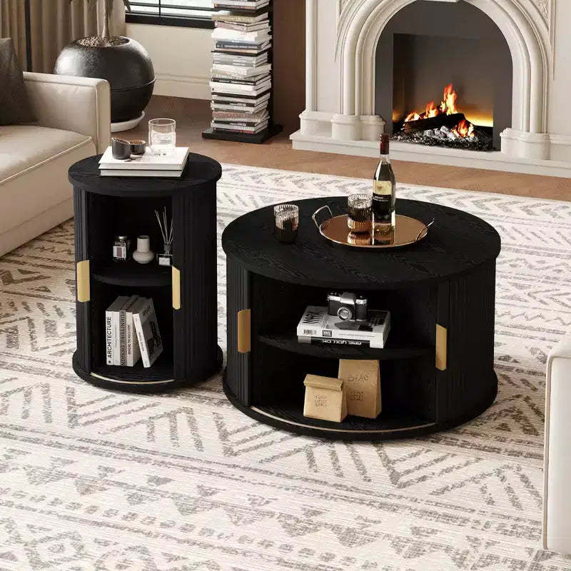 Mid-Century Coffee Table Set with Sliding Tambour Doors, Fluted Round Storage Side Tables for Living Room, Set of 2, Black
