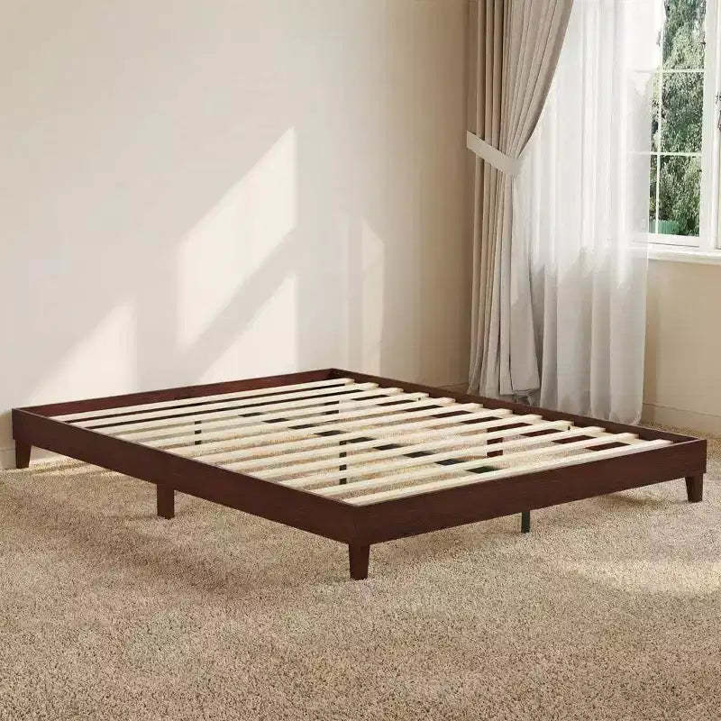 Queen Size Bed Frame,9 Inch Natural Sturdy Wood Platform Bed Without Headboard,Wooden Bed Frame with Strong Wood Slats Support