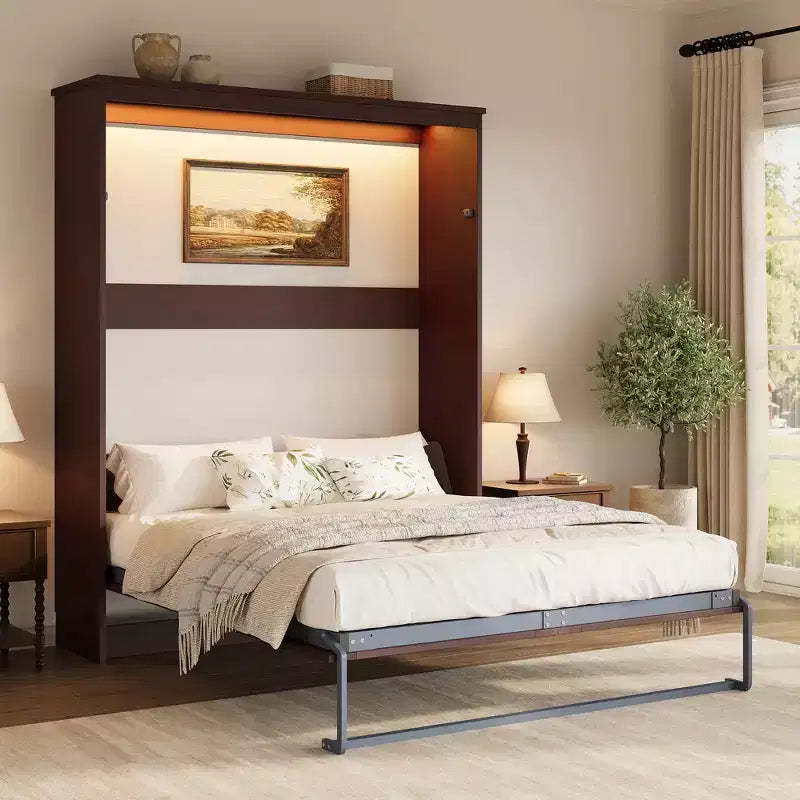AMERLIFE Murphy Wall Bed with LED Light & Charging Station, Foldable Cabinet Bed with Gas Struts