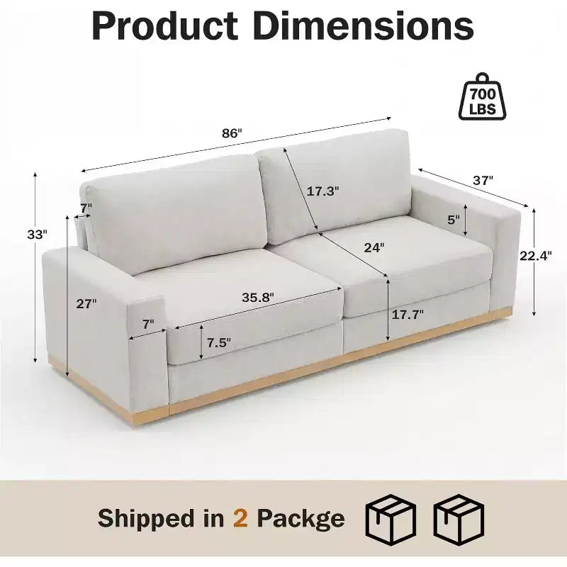 Dyonery Fixed sofa with wooden strips, cotton fabric, gray color, double person seat, 88 inches