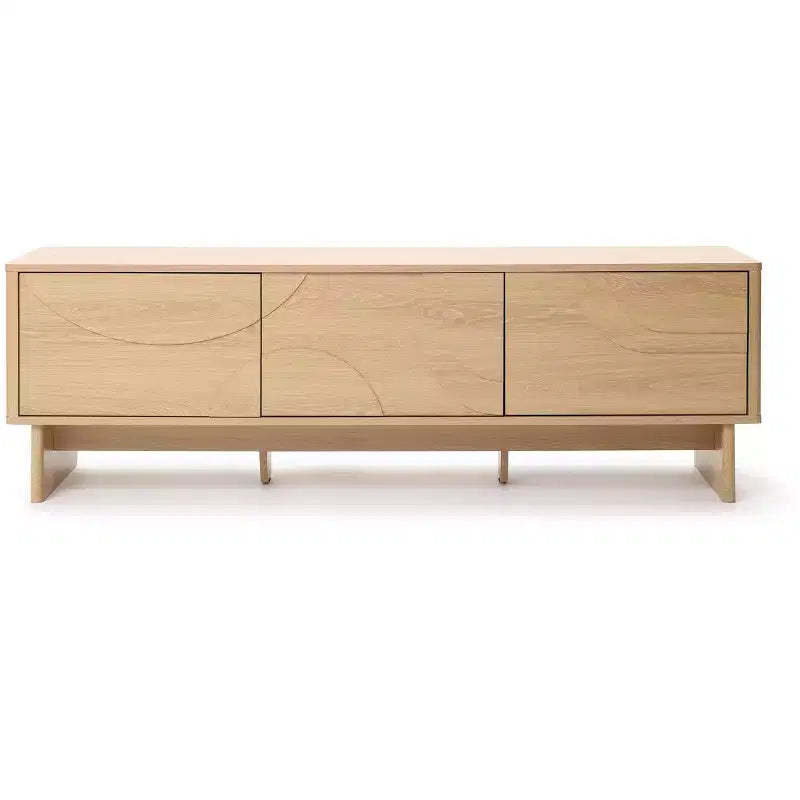 LuxenHome Modern 59 TV Console with 3 Doors, Geometric Carved Front, Light Wood, Manufactured Wood Brown