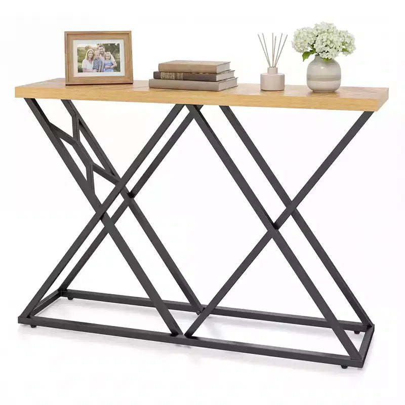Costway 55'' Industrial Console Table w/ Solid Metal Frame & Storage Rustic Sofa Table