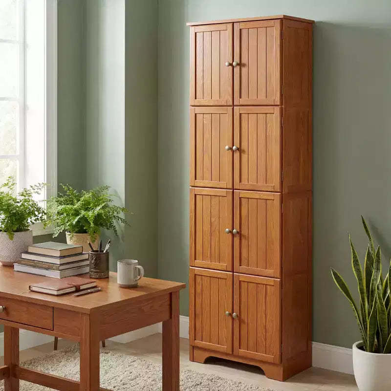JVNOXK 72.4 Oak Freestanding Tall Storage Cabinet with 8 Doors & 4 Shelves for Home