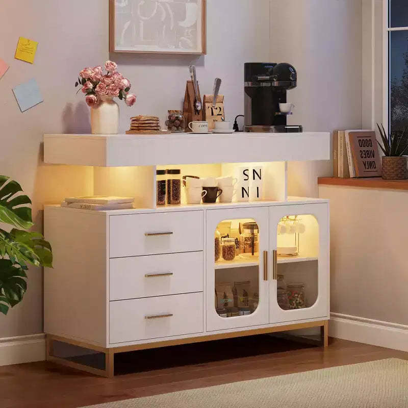 Modern Sideboard Buffet Cabinet with Auto-Sensor RGB LED Lights & Built-in Charging Station, Coffee Bar Table with Storage, 3 Drawers & 2 Doors