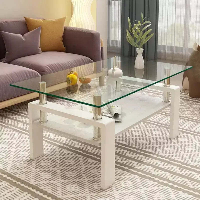 Fun little toys brand Rectangle Coffee Table, Tempered Glass Tabletop with MDF Layer, Modern Table for Living Room , Transparent Glass