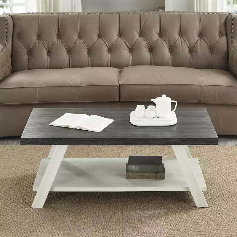 Fun little toys brand Athens Contemporary Two-Tone Wood Shelf Coffee Table in Weathered Charcoal and Beige