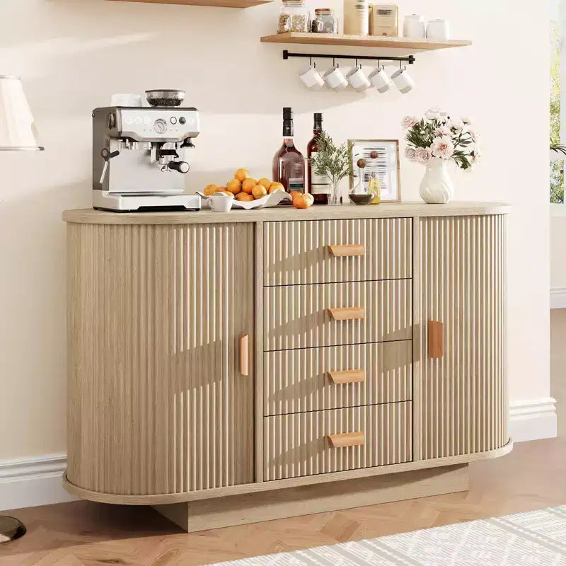 47 Fluted Sideboard Buffet Cabinet with 4 Drawers and 2 Sliding Doors, Coffee Bar Storage Cabinet for Dining Room - Natural Oak