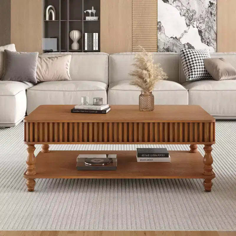 JVNOXK 47.24 Vintage Brown Lift Top Coffee Table, Tool-Free Assembly Solid Wood with Fluted Details & Solid Roman Legs, Classic Lift-Top Desk