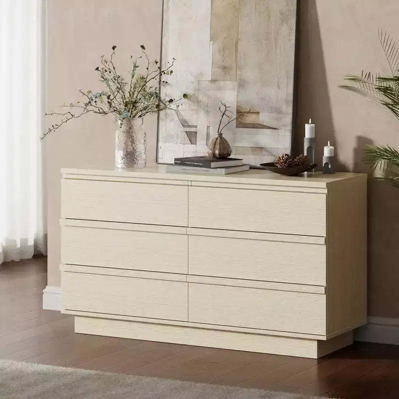 Qwatto 6 Drawer Double Dresser Modern Chest of Drawers Wide Bedroom Storage Organizer Cabinet with Deep Drawers for Living Room Closet Natural Beech