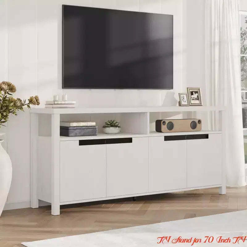 Living Room 63 Farmhouse TV Stand for Tv Up to 65 Inches, Rustic Boho Entertainment Console Table w/4 Door & Open Shelf, Television Consoles Stands