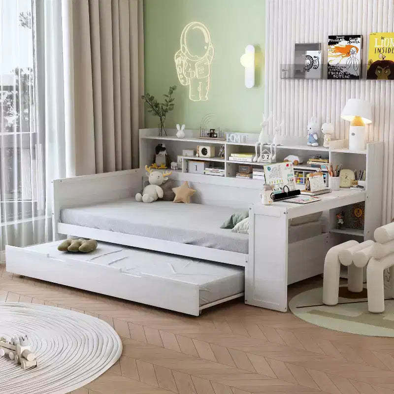 Wooden Twin Daybed with Storage Shelves, Twin Trundle and Study Desk, Antique White