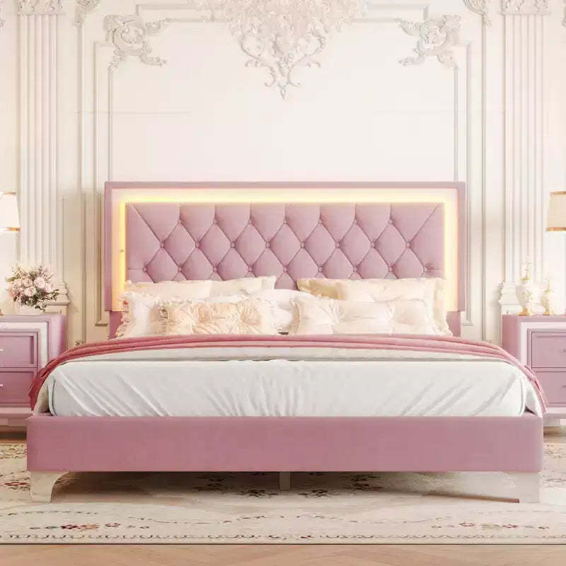 Queen Upholstered Bed Frame with LED Lights, Velvet Platform Bed with Tufted Headboard, Pink