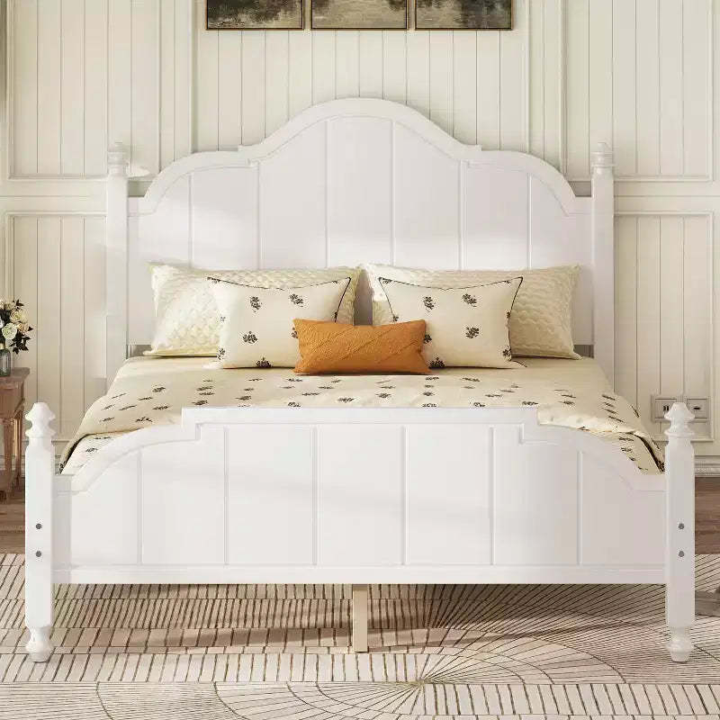 Queen Bed Frame with Headboard, Vintage Wood Platform Bed with Slat Support, White