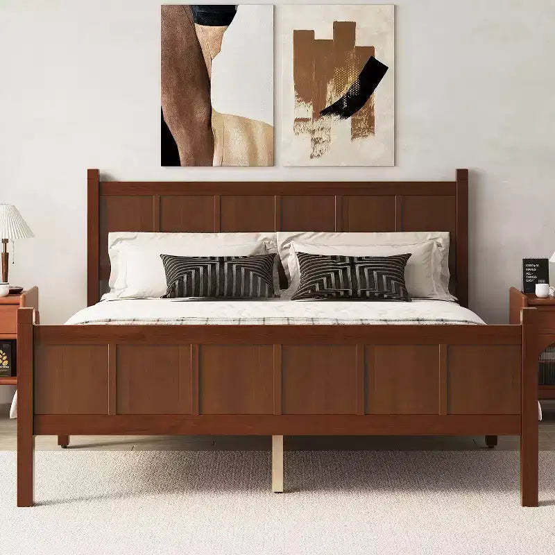 Queen Flat Panel Platform Bed with Headboard and Footboard, Wood Grain Shaker Farmhouse Bed Frame, Dark Walnut
