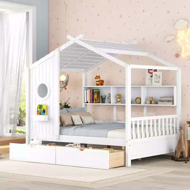Wooden Full House Bed with 2 Drawers and Storage Shelf for Kids, White