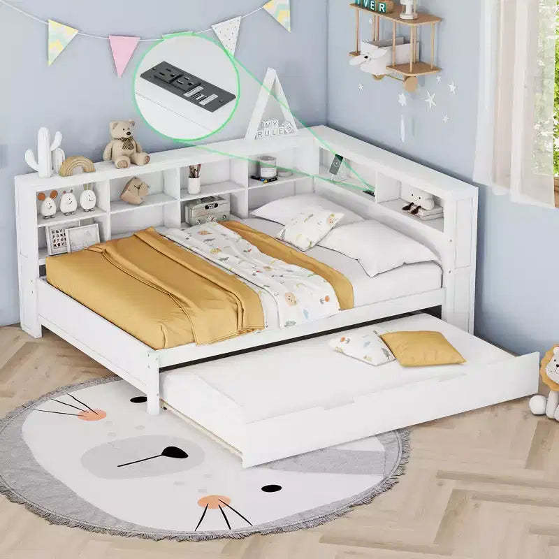 Wooden Full Daybed with Twin Trundle, Storage Shelf and USB Charging Ports, White