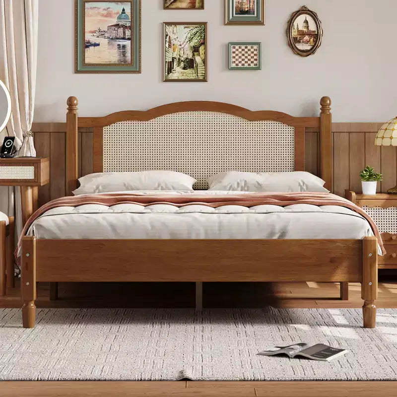 Queen Wooden Platform Bed with Natural Rattan Headboard, Vintage Bed Frame with Slat Support, Walnut
