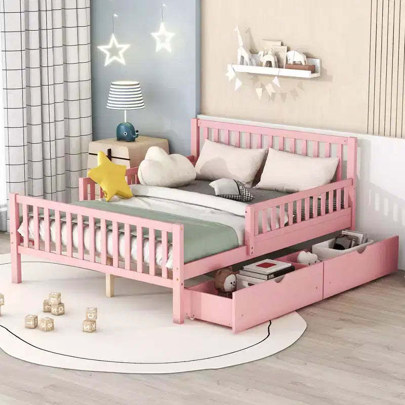 Full Wood Platform Bed with Guardrails and 2 Storage Drawers, Pink