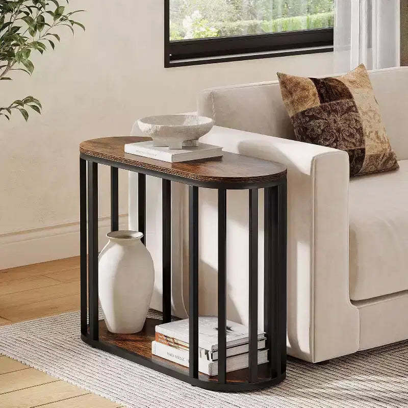 Lantine 2-Tier Narrow End Table with Storage, Industrial Side Table with Black Metal Frames for Living Room, Brown