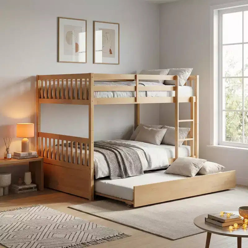 Whisen Full Over Full Bunk Bed,Wood Kids Rubber Wood Frame, Indoor Bedroom Furniture, Convertible to 2 Separate Beds, Pull Out Trundle - Natural