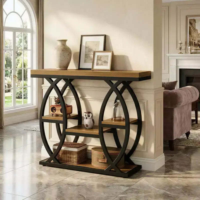 JVNOXK Industrial 4-Tier End Table with Geometric Metal Frame for Living Room