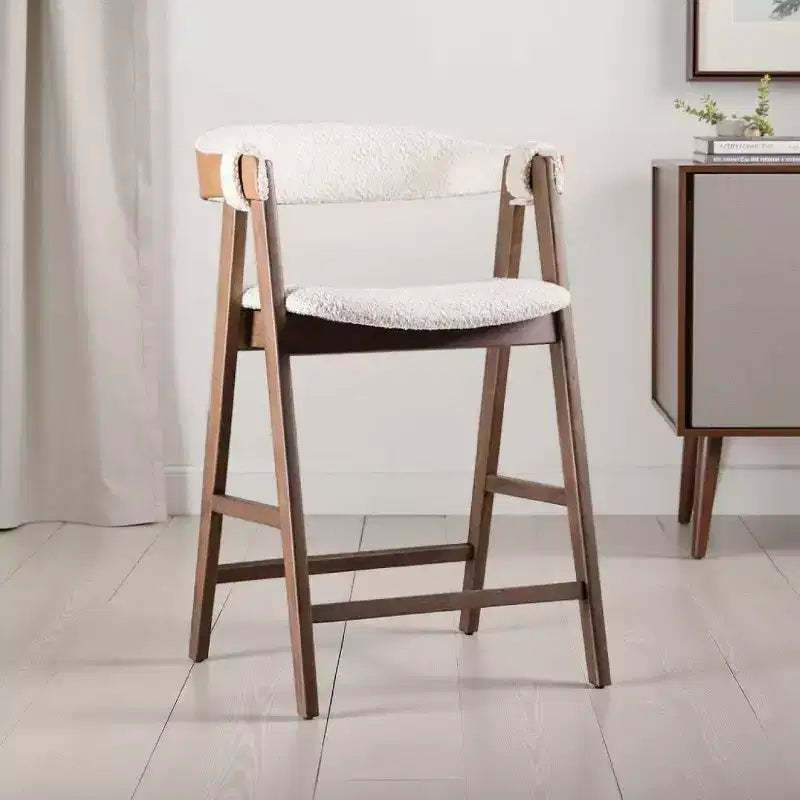 Royal Hampton Counter Stool Chair Set of 2, Walnut Brown Wood, Beige Boucle