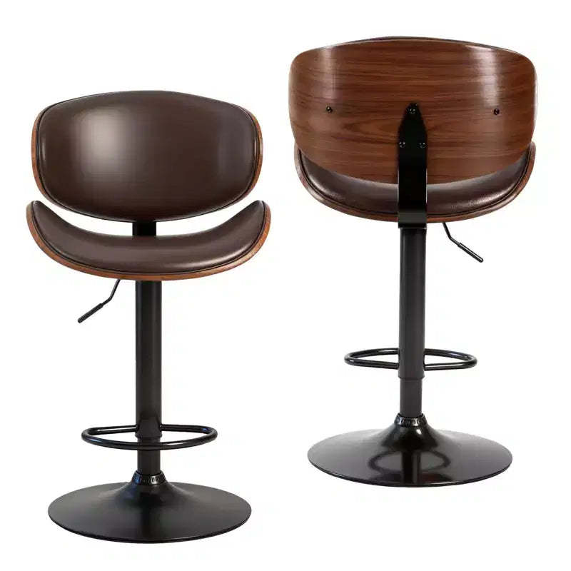 HomeRoots Set of Two Brown and Black Faux Leather Wood And Aluminum Adjustable Height Swivel Bar Chairs