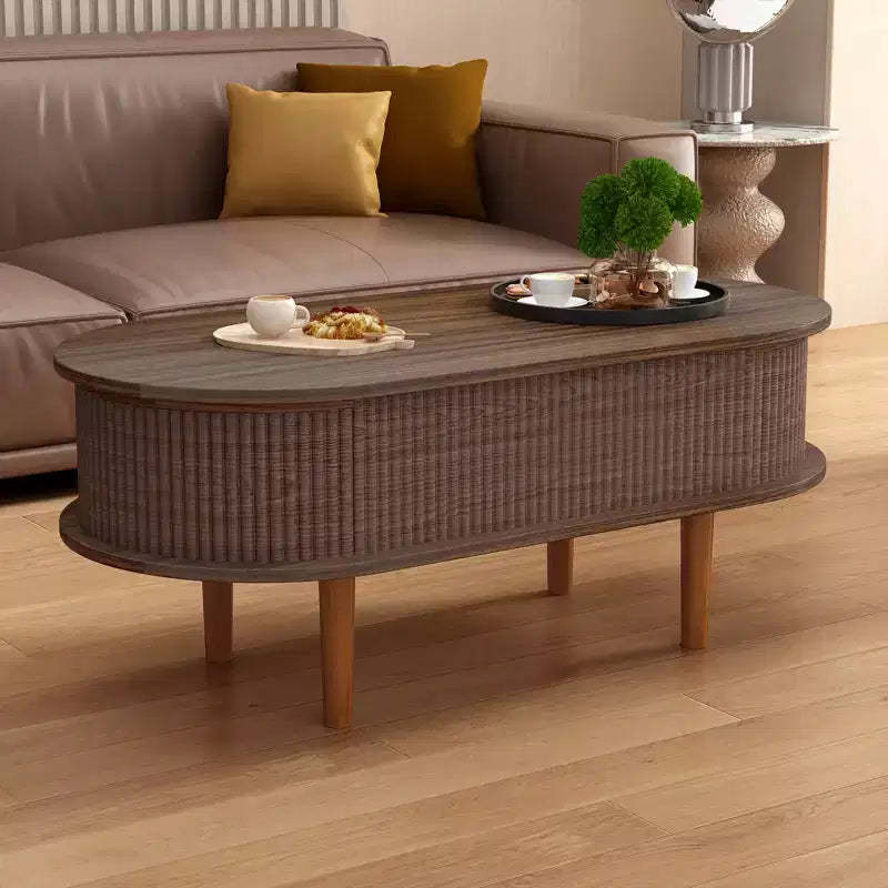 JVNOXK Fluted Lift Top Coffee Table with Hidden Compartment, Wooden Center Table, Modern Oval Lift Tabletop for Home Living Room Office, Walnut Color