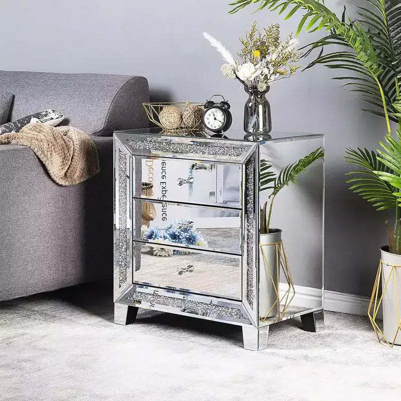 Karl Home Silver Mirrored MDF Nightstand 3 Drawers Crystal Trim 23x13.8x24.8 Inch