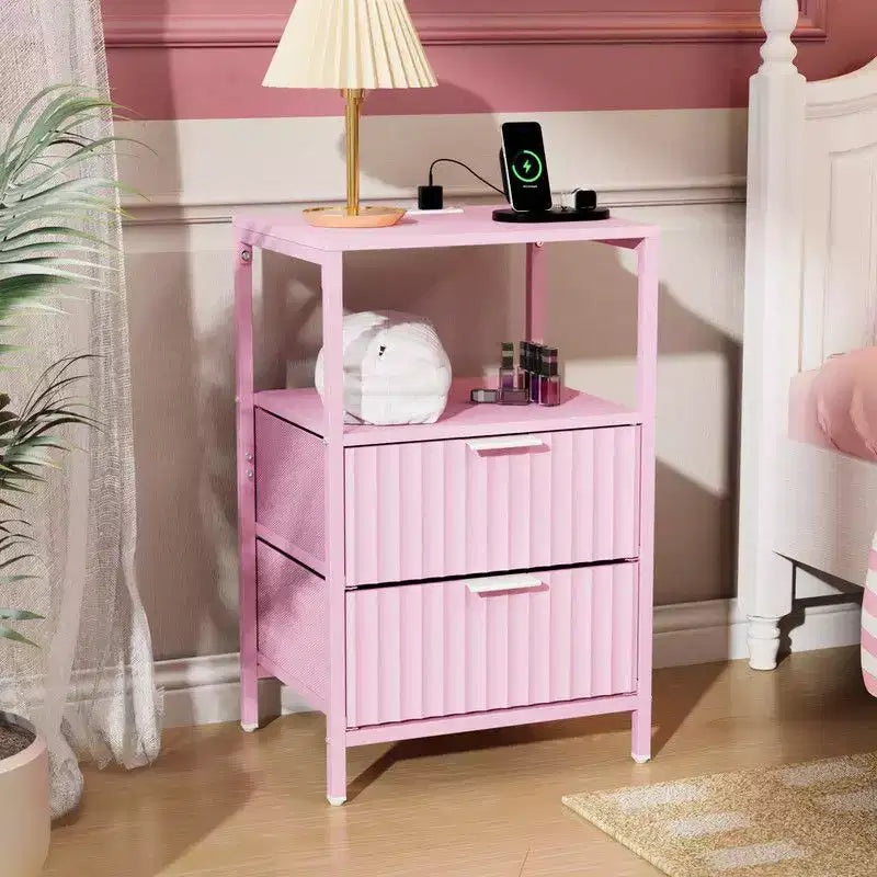 Karl Home 15 Inches Wide Nightstand - 2 Drawers, 1 Shelf, US Power Outlet - set of 2