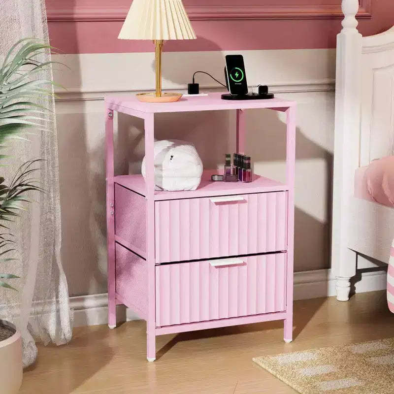 Karl Home 15 Inches Wide Nightstand - 2 Drawers, 1 Shelf, US Power Outlet - set of 2