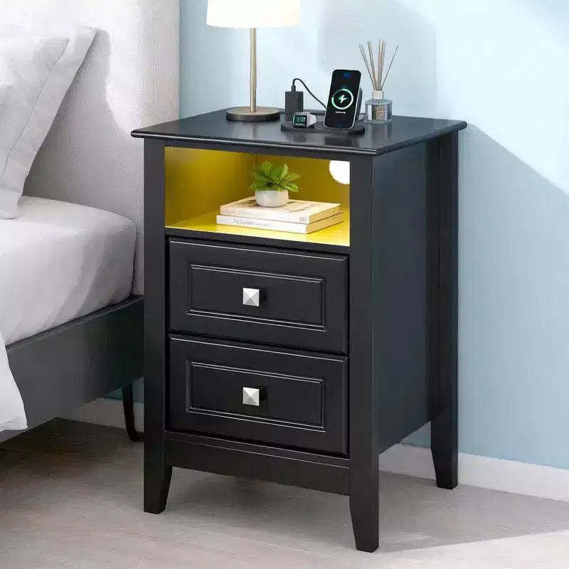 Karl Home 15.75 Inch 2 Drawer Nightstand with Shelf Power Outlets and RGB LED Lights