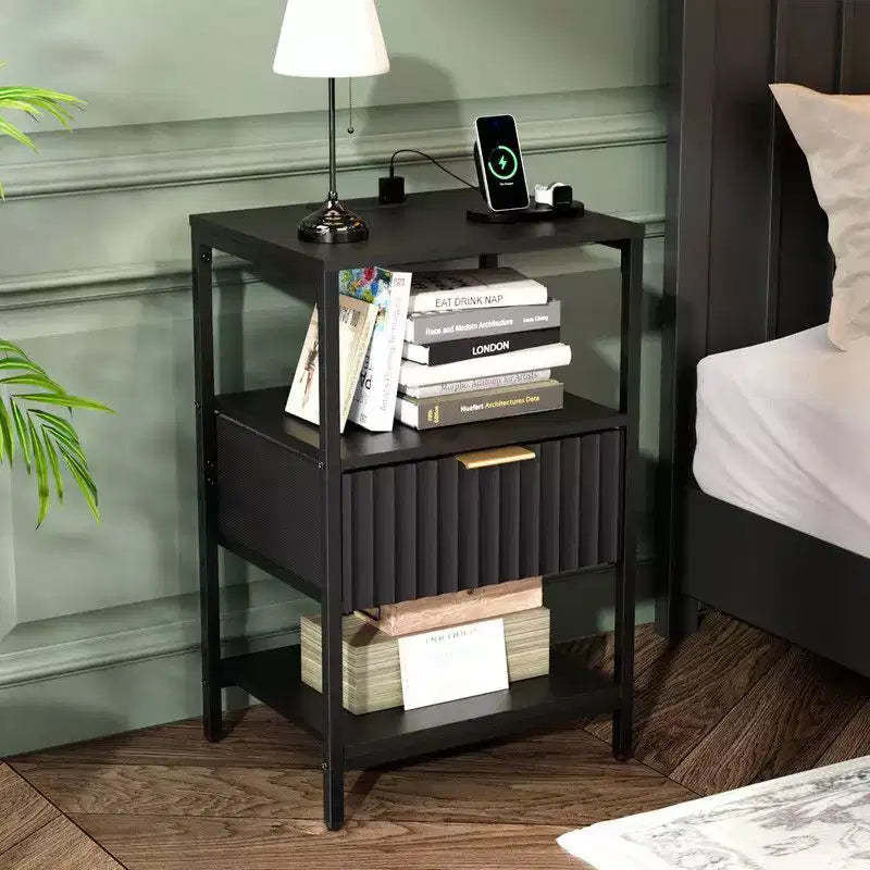 Karl Home 15 Inches Wide Nightstand - 1 Drawer, 2 Shelves, US Power Outlet