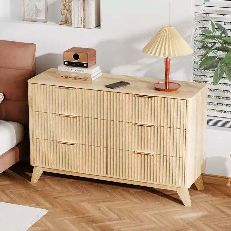 Karl Home Oak Finish 6-Drawer Double Dresser Grid Chest P2 Particleboard+MDF with Melamine&Vacuum Forming 47.22In. W