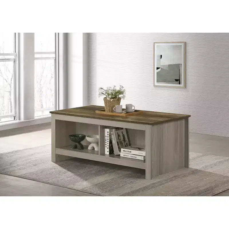 Nyla 43W Gray Oak Coffee Table with Open Shelves, Front Back Shelves Walnut Finish Contrast Tabletop Living Room Table