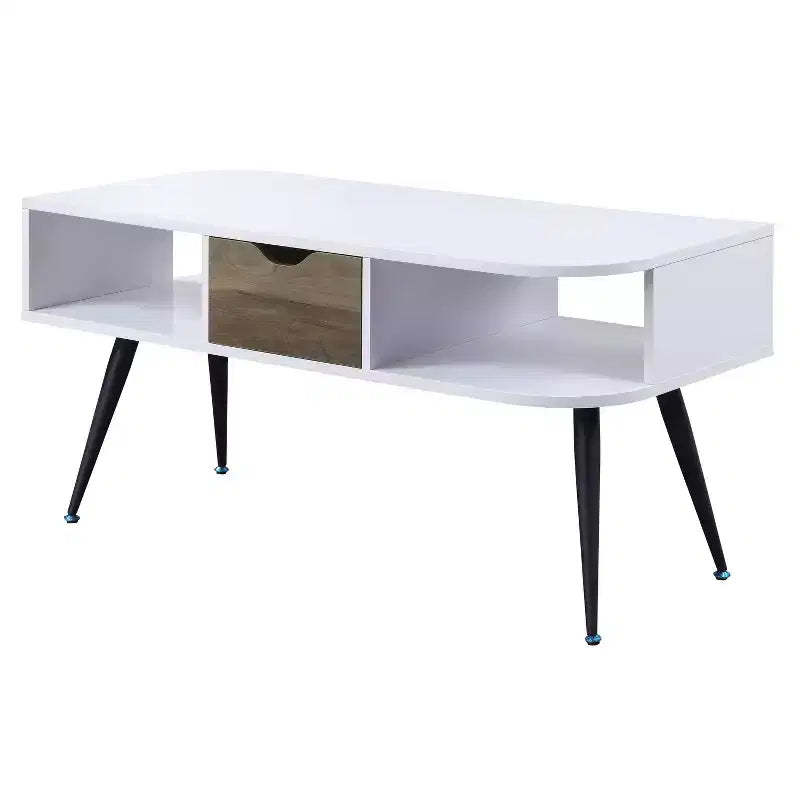 White and Black Modern Coffee Table with 1 Drawer, Two Open Compartments Powder Coated Metal Legs Living Room Table