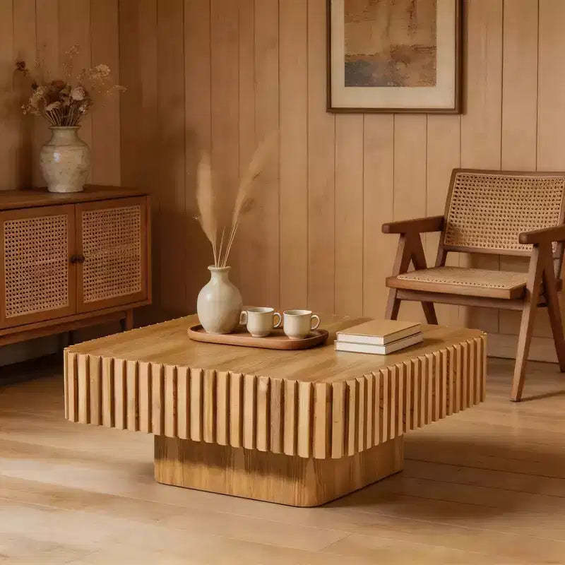 JVNOXK 31.5 Inch Modern Handcraft Drum Coffee Table Square Coffee Table for Living Room,with Sturdy MDF Pedesta,Natural Color