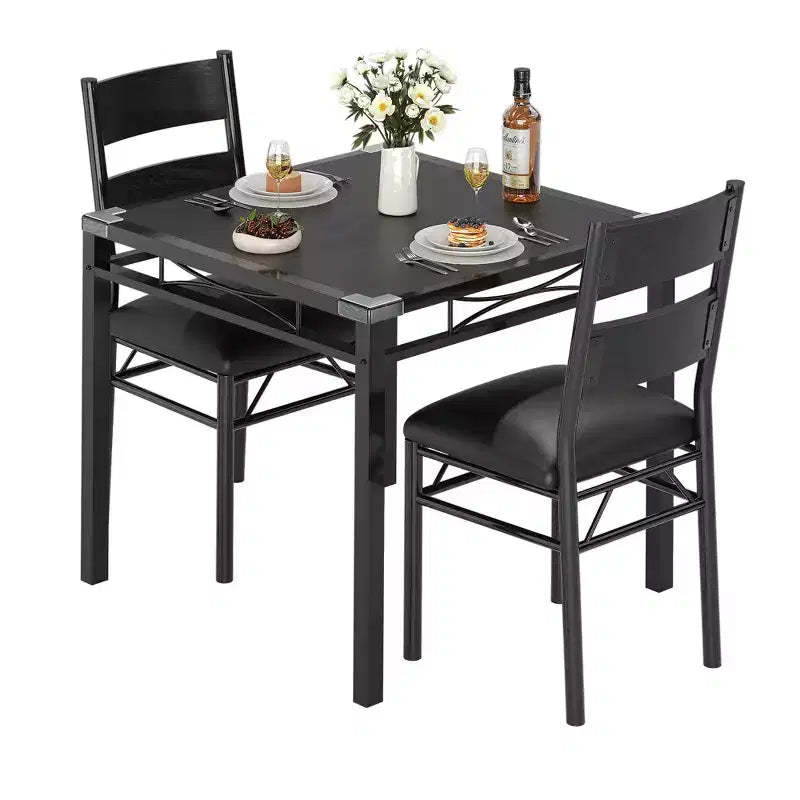 Dining Table Set with Upholstered Chairs, Compact Space-Saving Kitchen Furniture with Corner Guards for Apartment Home, Black, 2+1
