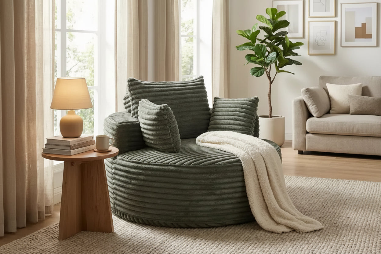 FurnitureR Round Lounge Chair, Corduroy Upholstered Accent Chair with Deep Seat, Modern Comfy Single Sofa for Living Room Bedroom Apartment