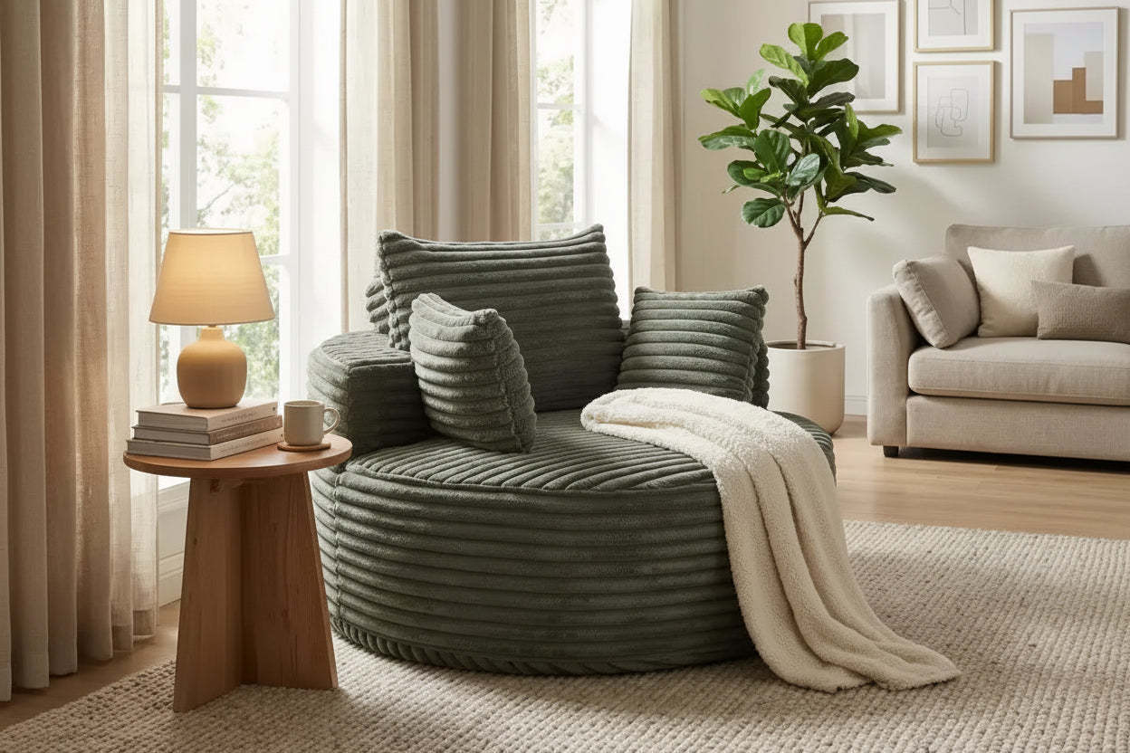 FurnitureR Round Lounge Chair, Corduroy Upholstered Accent Chair with Deep Seat, Modern Comfy Single Sofa for Living Room Bedroom Apartment