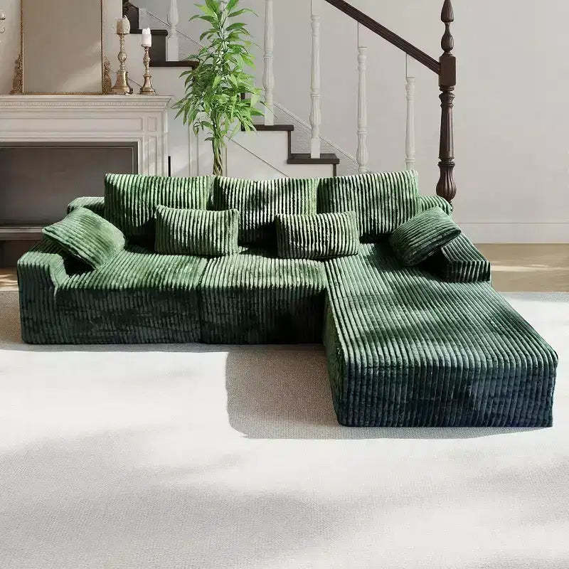 MooxvMoo 107.5 Boneless Couch with Chaise & Throw Pillow, Plush Corduroy Compressed Sectional Sofa, No Assembly Required, Green