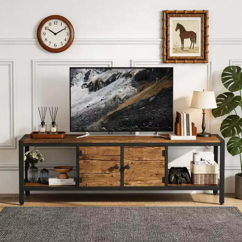 Rustic Brown TV Stand for Living Room  65 Inch Entertainment Center with 2 Cabinets, Open Shelves, Metal Legs  Fits TVs up to 75 Inch