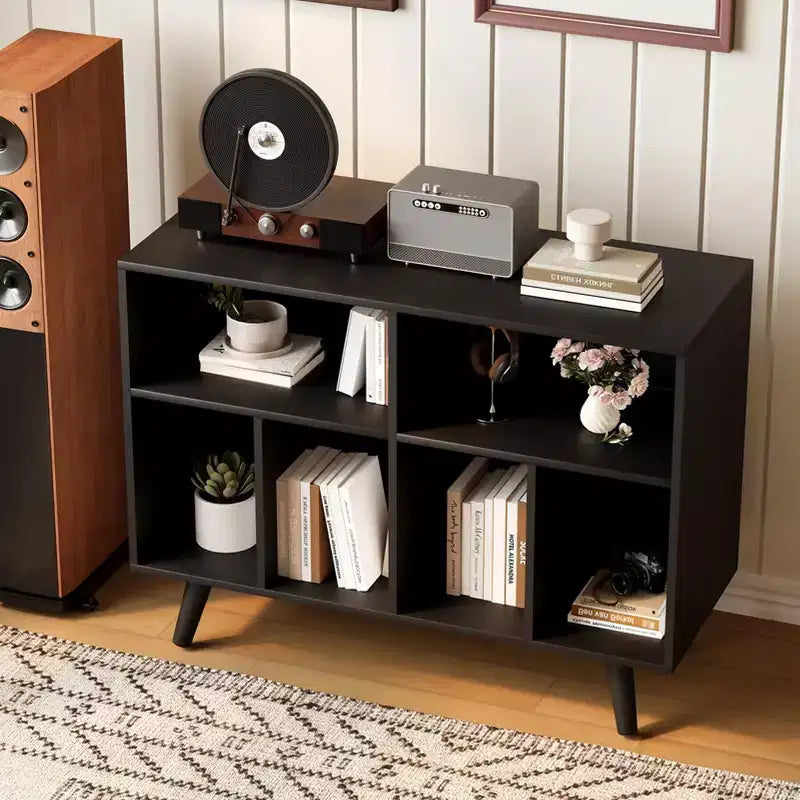 GustoWave Versatile Wood Storage Cabinet, Record Player Storage Cabinet Holds 350 Albums, Small Storage Bookcase w/Wood Texture