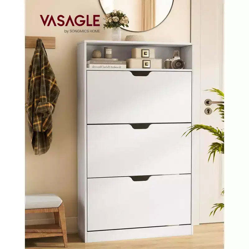 VASAGLE CUSTOS Collection - Shoe Cabinet, Open Compartment, Adjustable and Removable Dividers, 3 Flip Drawers, for 21-24 Pairs, Cloud White
