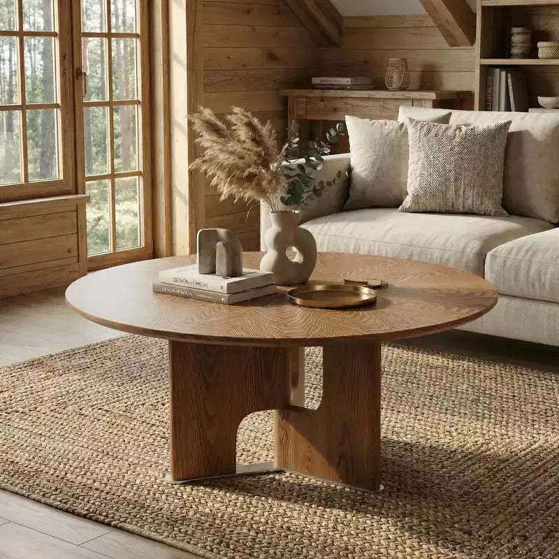 JVNOXK 31.5 Inches Round Rustic Ash Wood Veneer Coffee Table for Small Living Room,Walnut