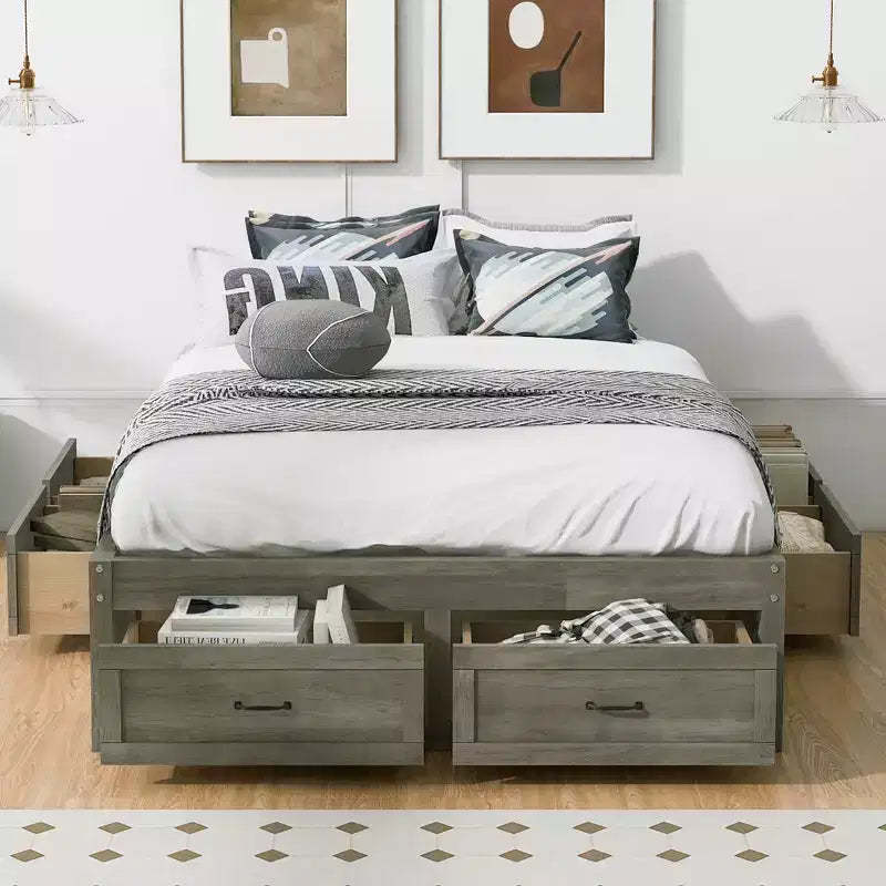 FAMYYT Full Size Wood Platform Bed With 6 Storage Drawers, Easy Assembly