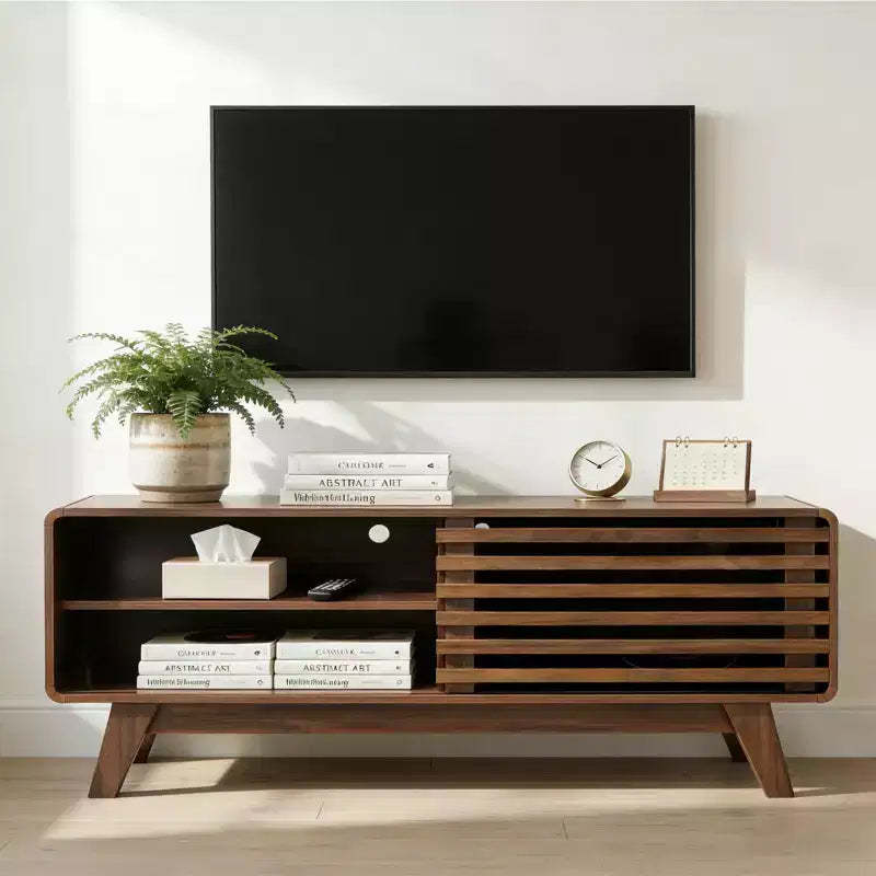 JVNOXK Mid Century Modern TV Stand with Storage, Slatted Sliding Door Media Console for Living Room